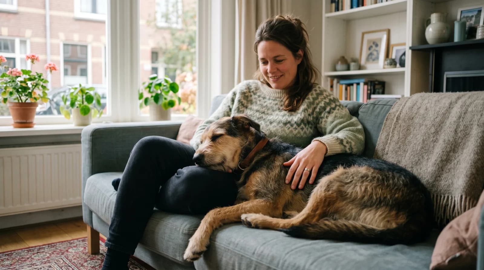 Ein ruhiger Hund liegt dicht an seiner Halterin auf dem Sofa, ihre Hand liegt sanft auf seinem Rücken im warmen Tageslicht