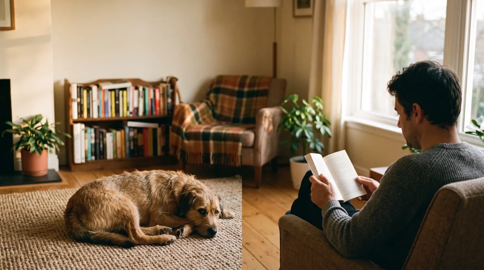 Asielhond ligt ontspannen op het kleed terwijl een man op afstand rustig zit te lezen en hem negeert
