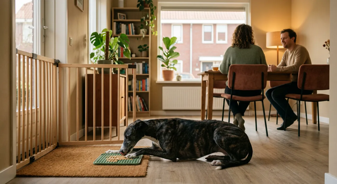 Asielhond ligt rustig op een matje met een likmat achter een hekje, terwijl bezoek verderop aan tafel zit en hem met rust laat
