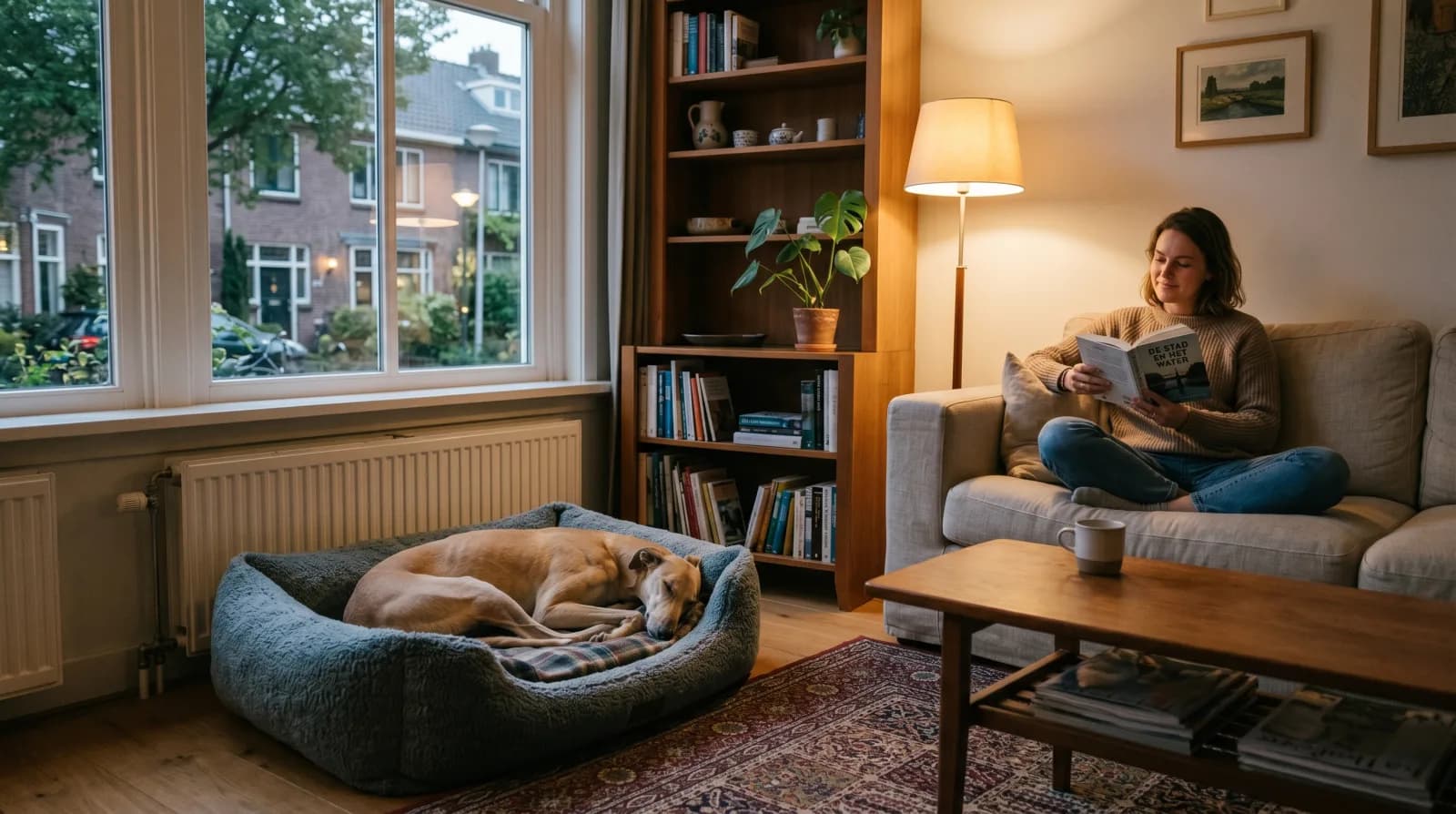 Slanke asielhond ligt opgekruld in een mand in een hoek van een rustige Nederlandse woonkamer, baasje zit op afstand op de bank