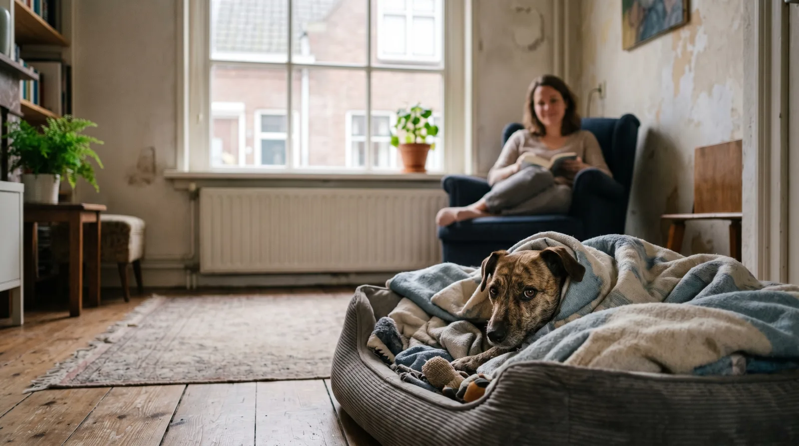 Slanke asielhond kijkt vanuit een veilige mand in de hoek voorzichtig naar zijn nieuwe baasje dat op afstand rustig op de bank zit