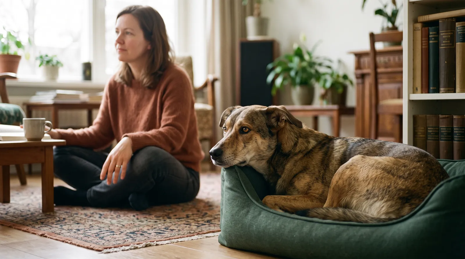 Asielhond ligt rustig in een mand op afstand terwijl het baasje er kalm en zonder druk bij zit in een warme woonkamer