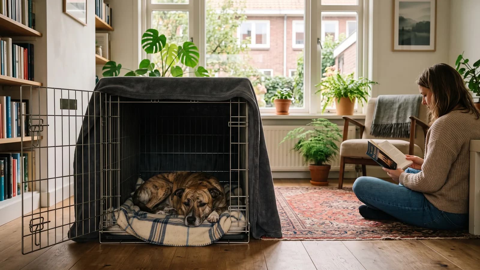 Rustige asielhond ligt ontspannen in een open bench met een deken erover, terwijl het baasje op een paar meter afstand op de grond zit te lezen