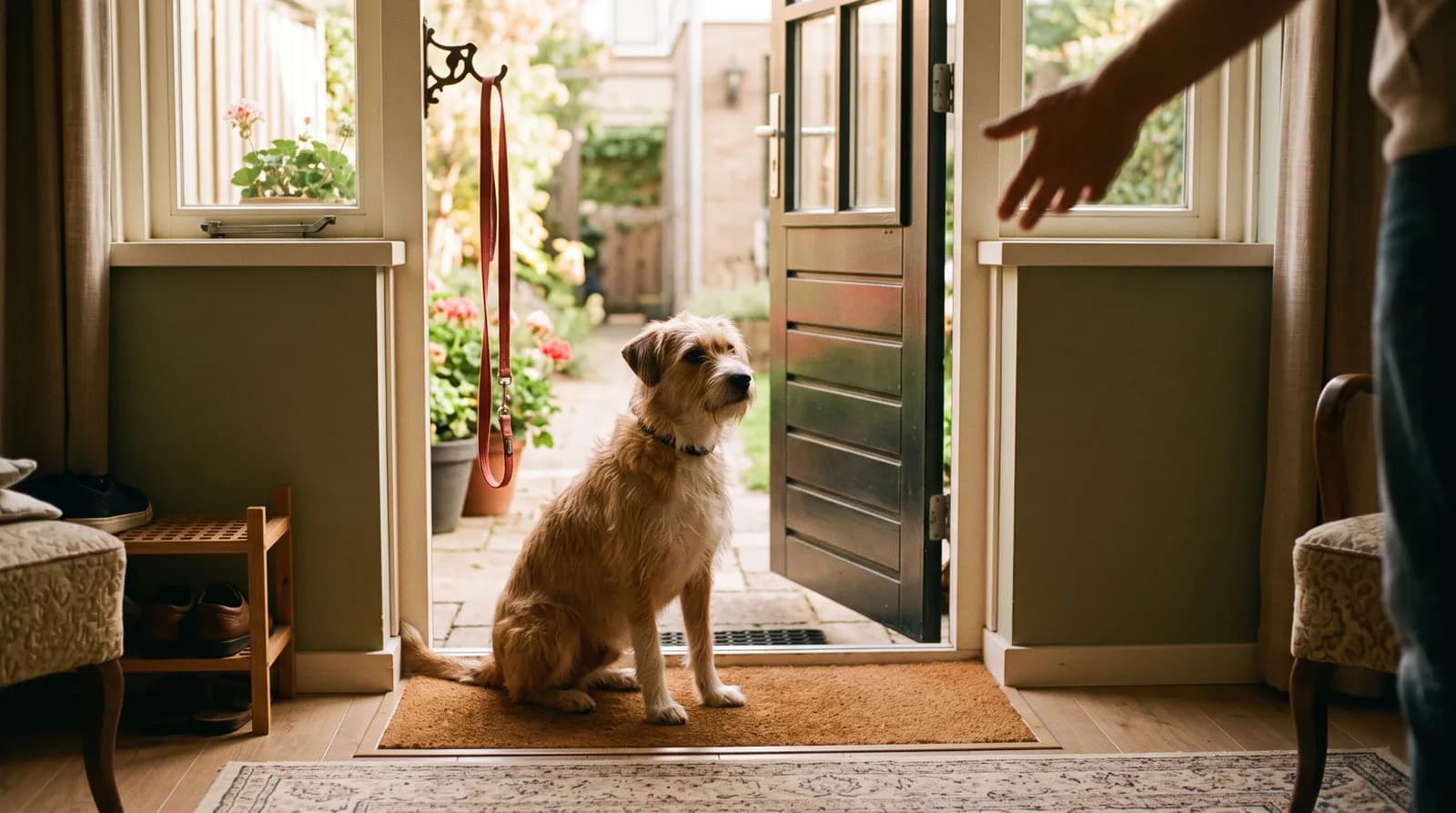 Asielhond zit rustig bij de voordeur van een Nederlands huis, riem hangt klaar bij de deur