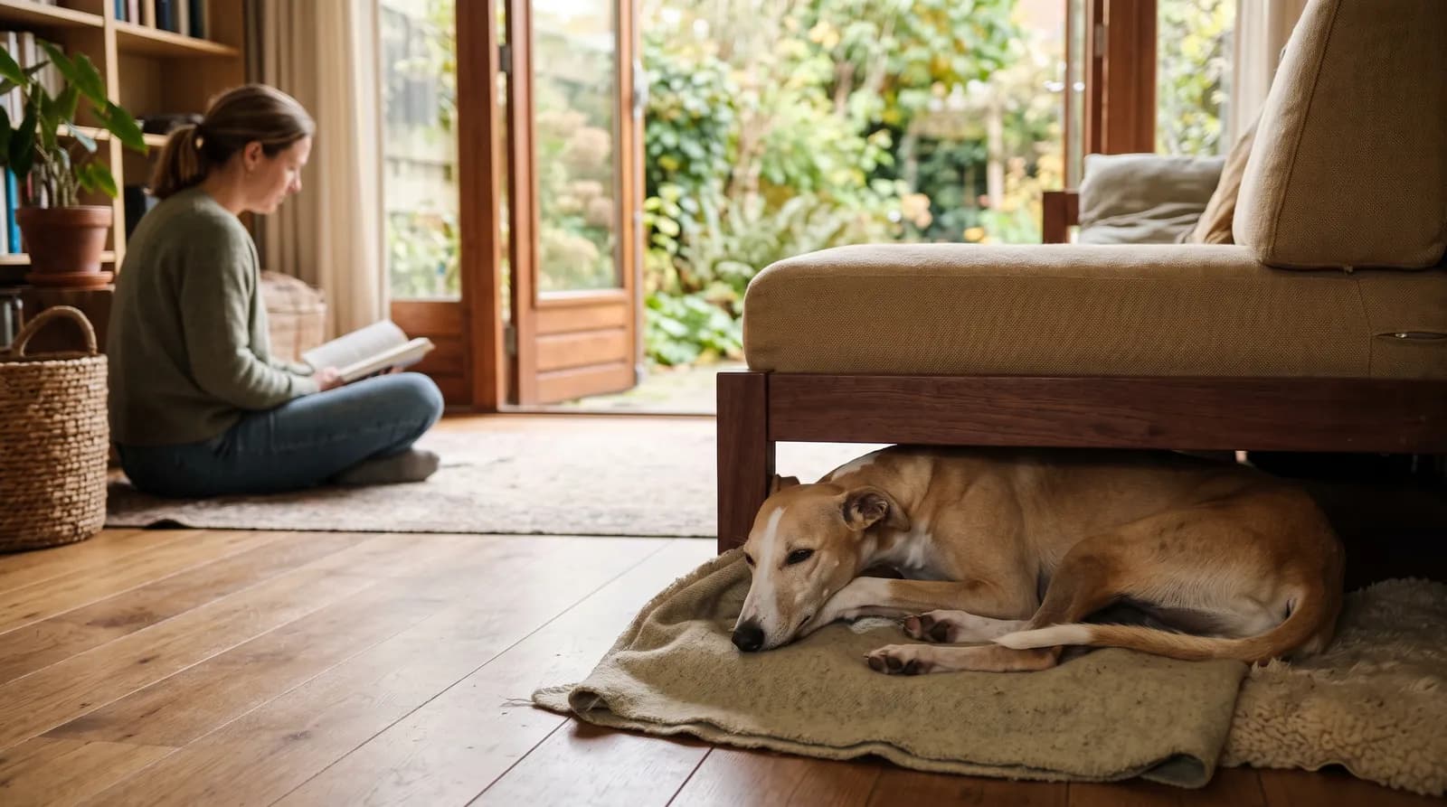Slanke asielhond ligt rustig weggedoken onder een bankje op een kleedje, terwijl het baasje op afstand ontspannen zit te lezen bij de openstaande tuindeur