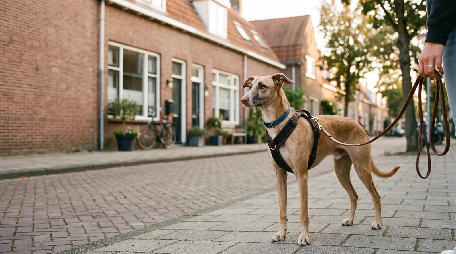 Slanke asielhond met tuig en halsband loopt rustig aan een korte lijn naast zijn baasje op een stille straat bij zonsopgang