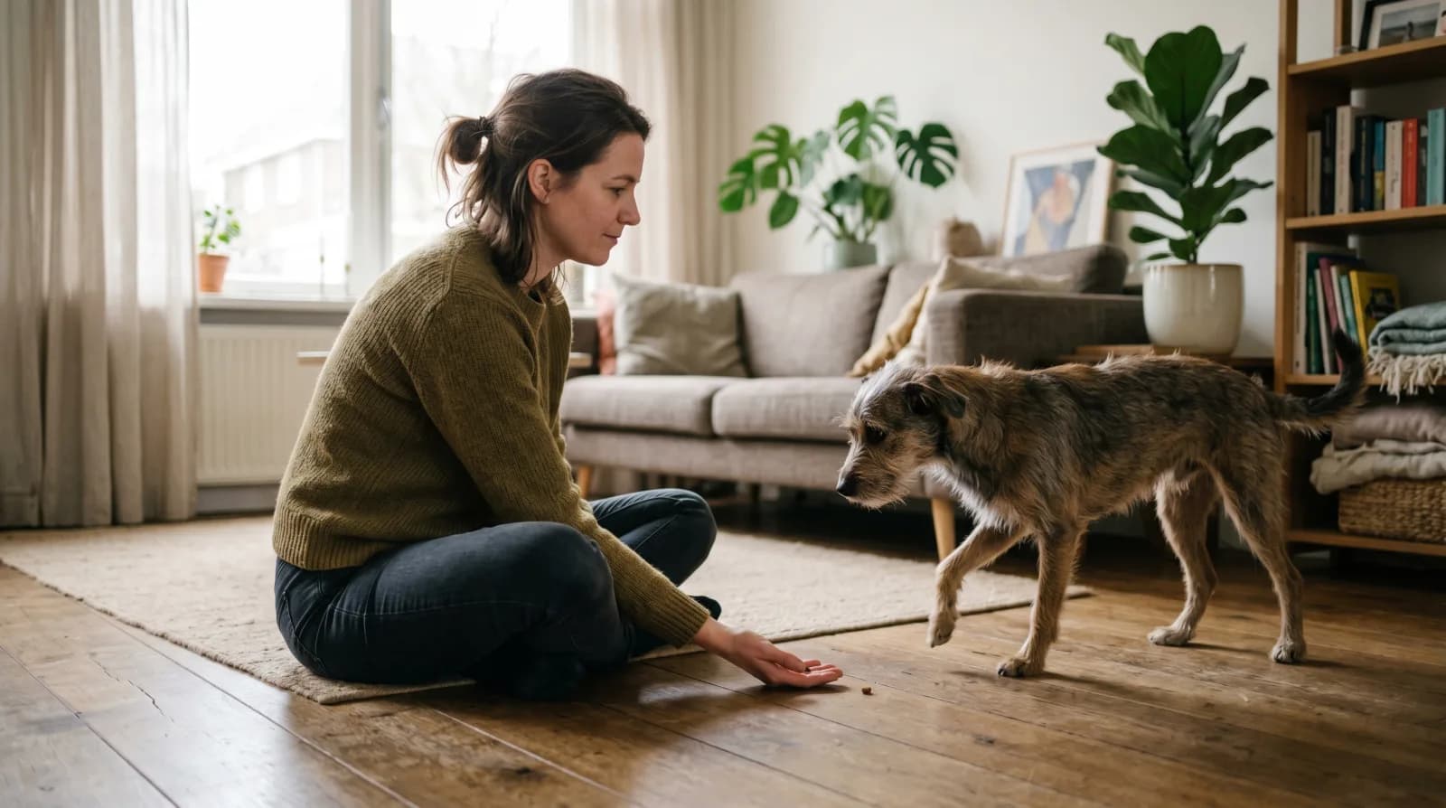 Slanke rescue-hond komt voorzichtig naar een rustig zittend baasje toe in een huiskamer met zacht daglicht