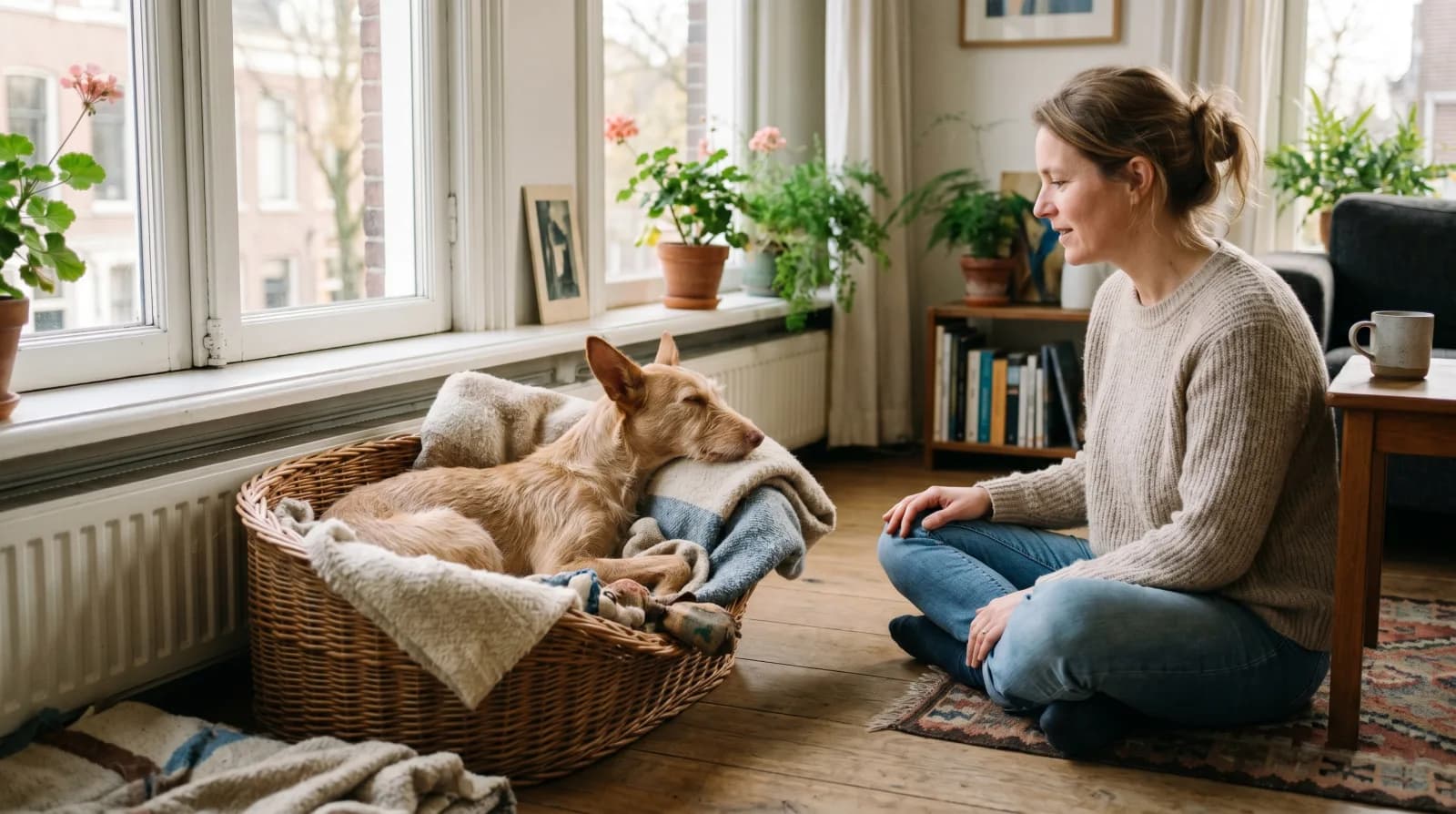 Baasje kijkt samen met haar hond naar een trainingsplan op tafel