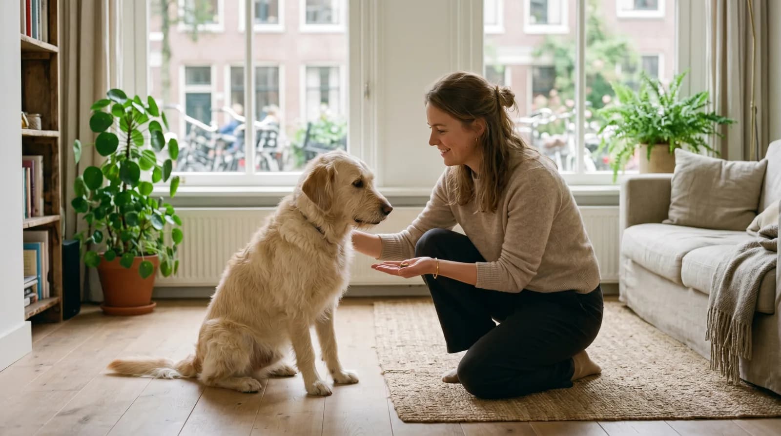 Een baasje hurkt rustig naast haar hond en biedt zachtjes een snoepje aan, allebei ontspannen in een lichte woonkamer