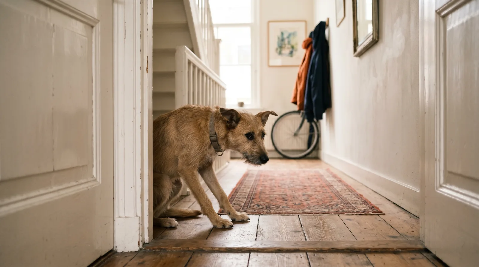 Een schichtige hond gluurt voorzichtig om de hoek van een deur in een Nederlands huis