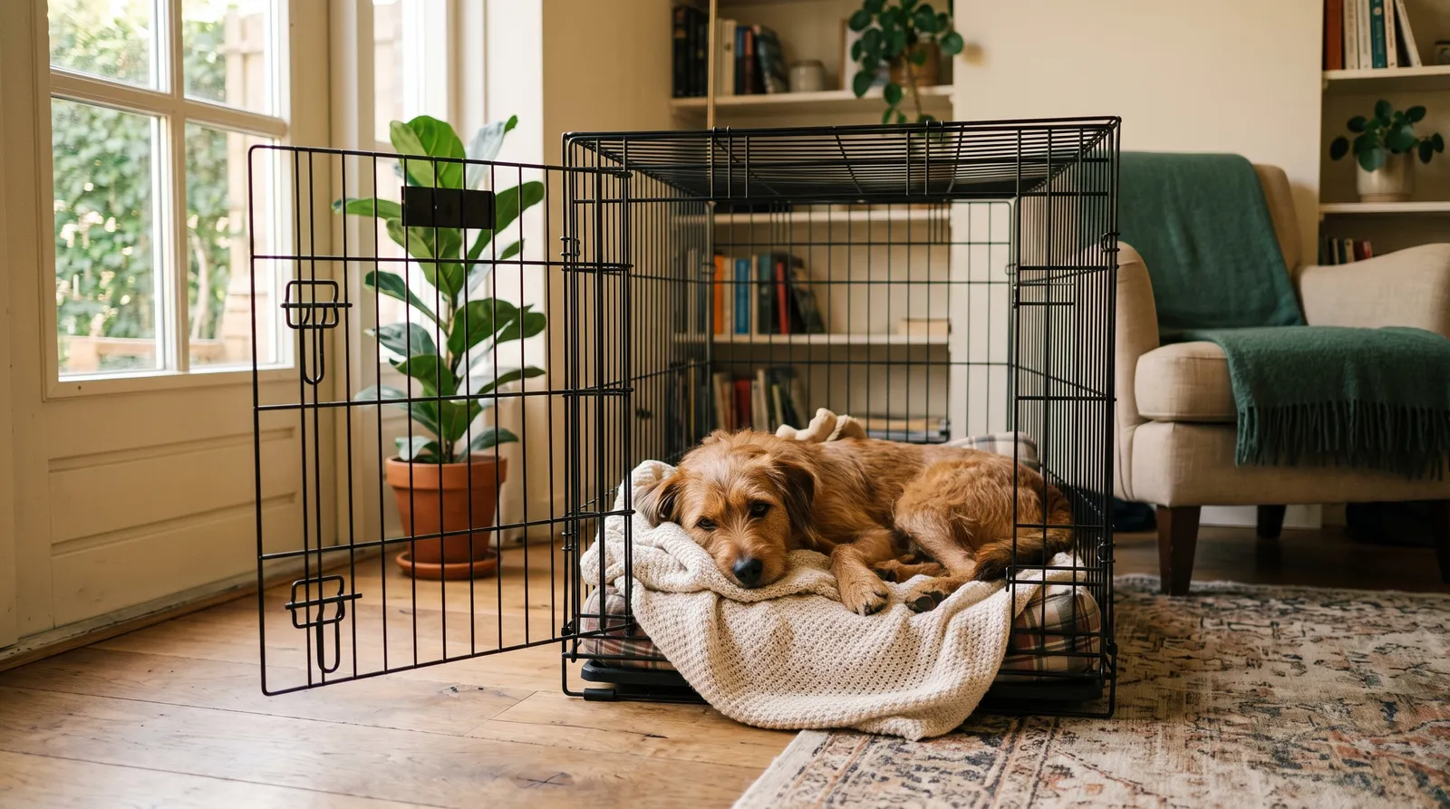 Hond ligt uit vrije wil ontspannen in een open bench met de deur wijd open in een lichte woonkamer