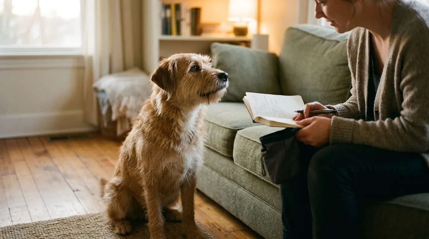 A scruffy dog sitting on a wooden floor beside a couch, looking up at its owner, who holds an open notebook and a pen