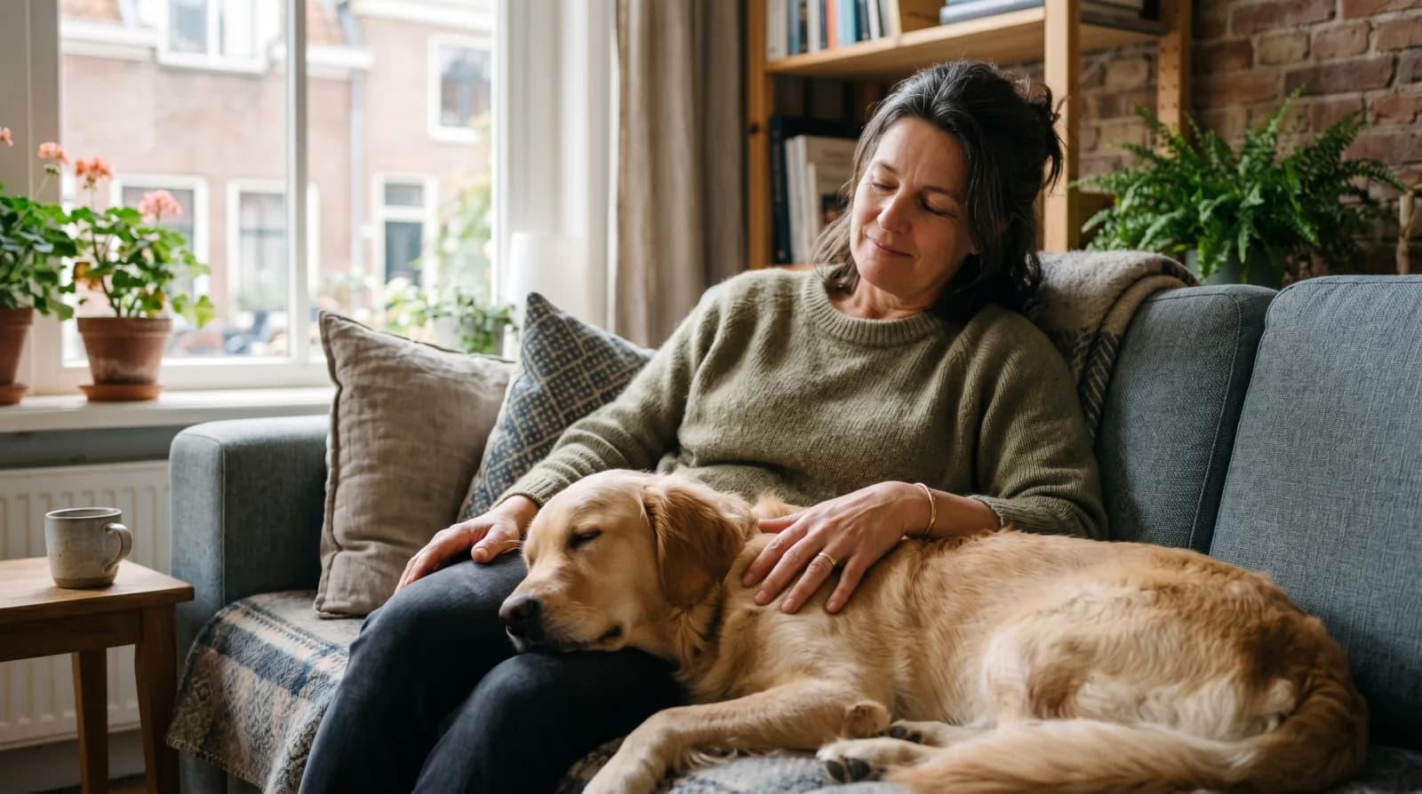 Frau sitzt ruhig neben ihrem Hund auf dem Sofa und gibt ihm Raum, warmes Wohnzimmer mit weichem Licht