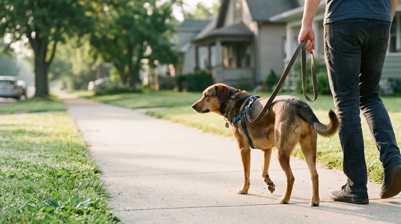A mixed-breed dog walking calmly on a loose leash beside its owner on a quiet suburban sidewalk