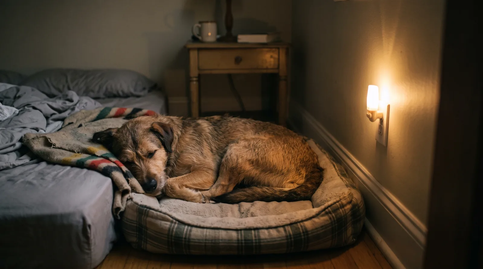 Buitenlandse asielhond slaapt rustig in zijn mand naast het bed tijdens zijn eerste nacht in huis