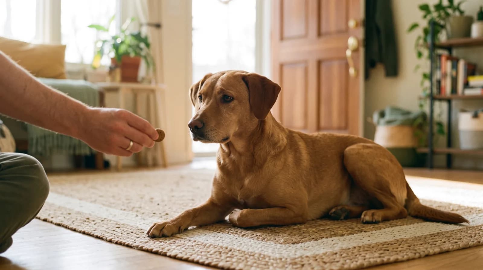 Hond ligt rustig op het kleed en krijgt een snoepje aangeboden terwijl de voordeur op de achtergrond zichtbaar is