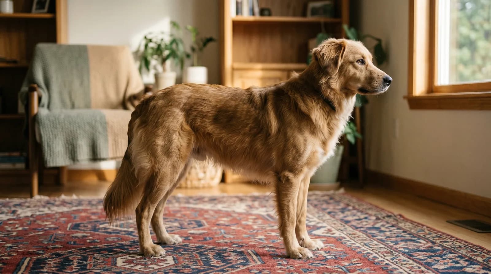 A dog standing in profile on a rug, its posture, ears and tail clearly visible