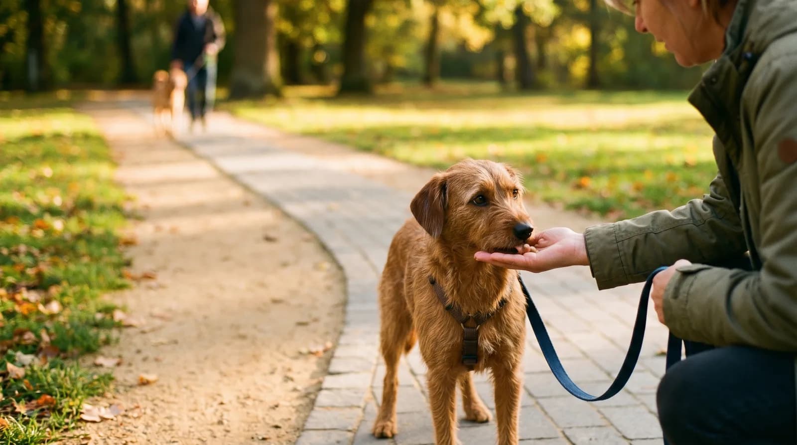 A dog calmly taking food from its owner while another dog passes far away