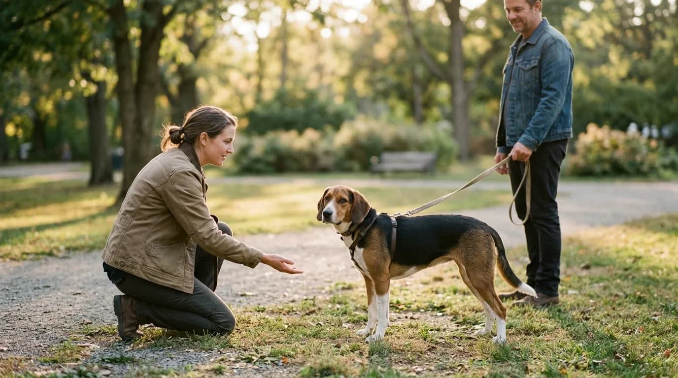 A dog trainer kneeling at a calm distance from a shy rescue dog in a park while the owner holds the leash