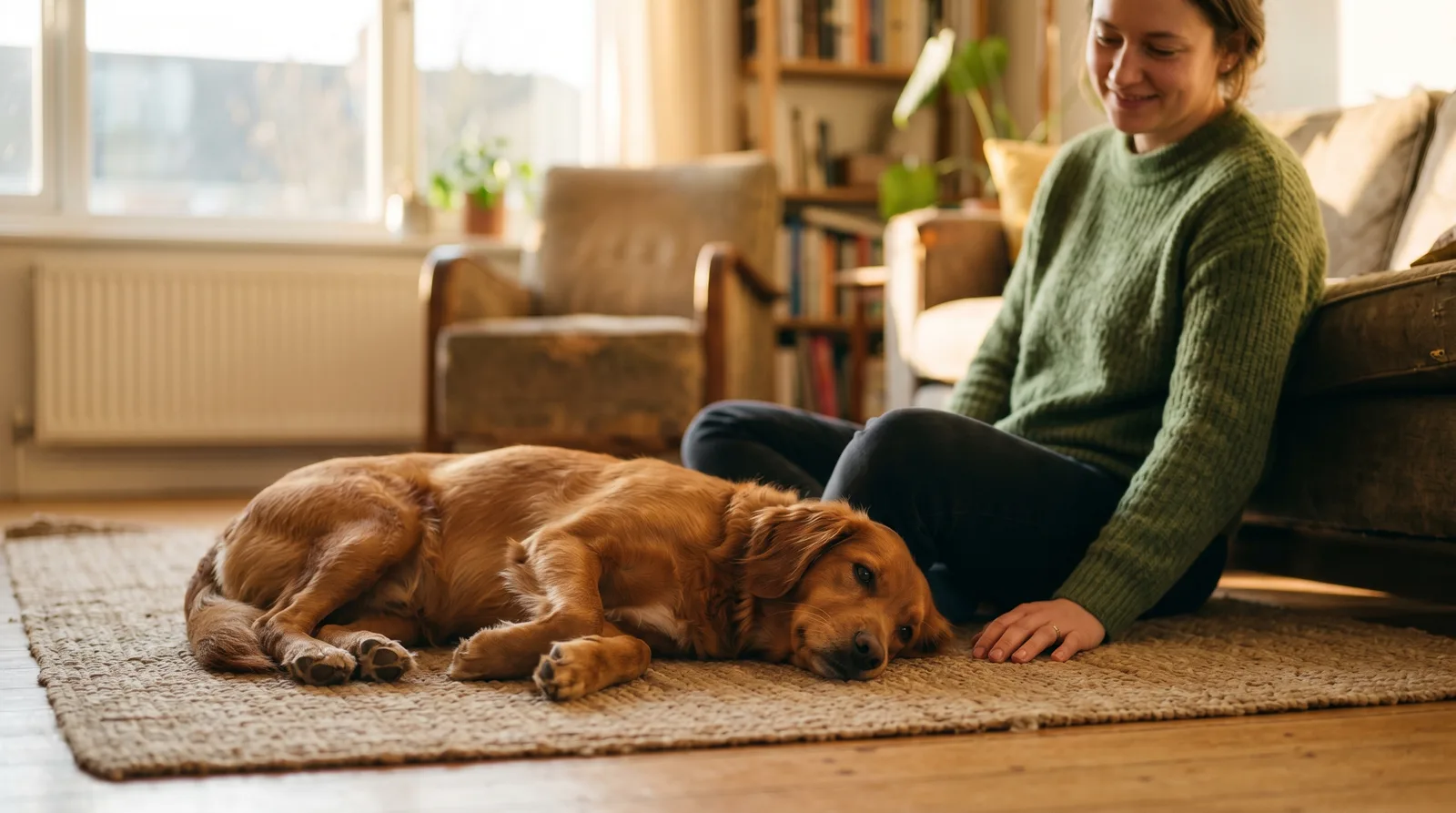 A relaxed dog lying calmly beside its seated owner in a cozy living room