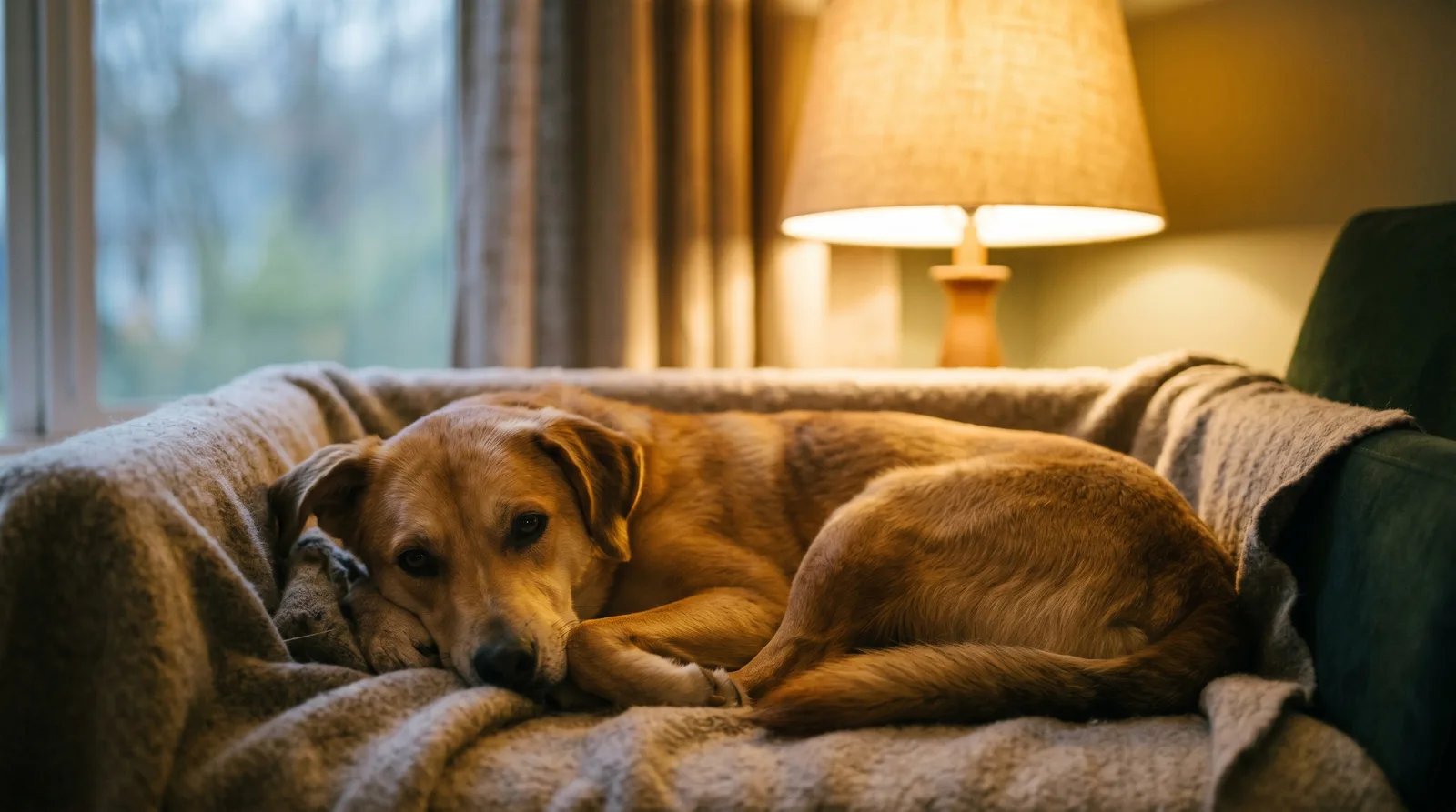 A calm dog curled up content on a blanket in a cozy lamplit room at dusk