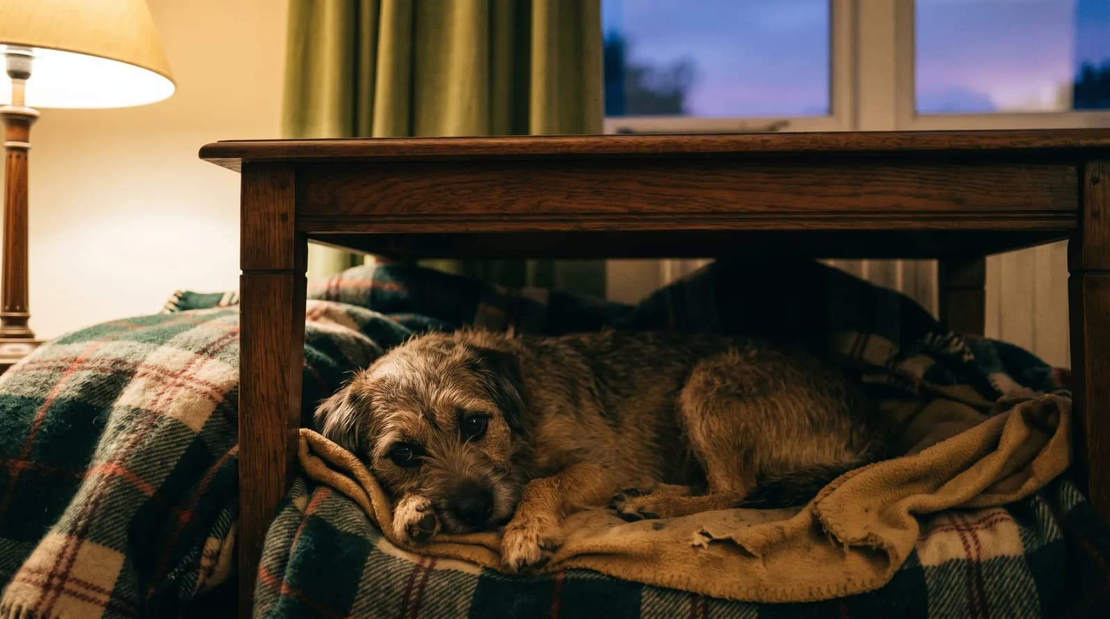 A dog resting calmly in a cozy safe den under a table at dusk