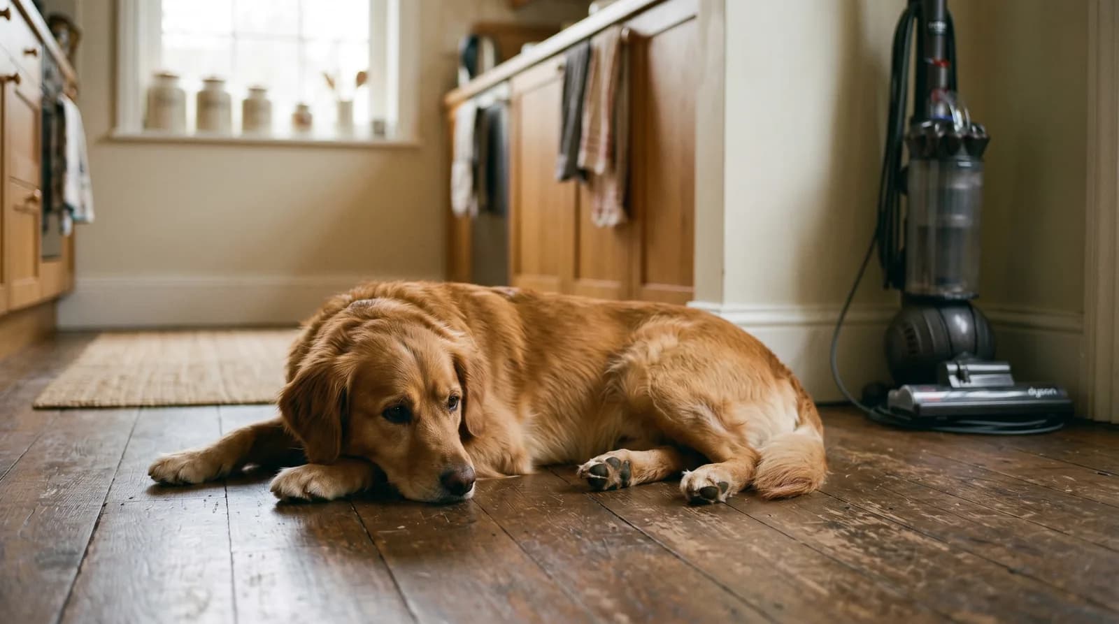 A relaxed dog lying at ease on the kitchen floor near a vacuum cleaner