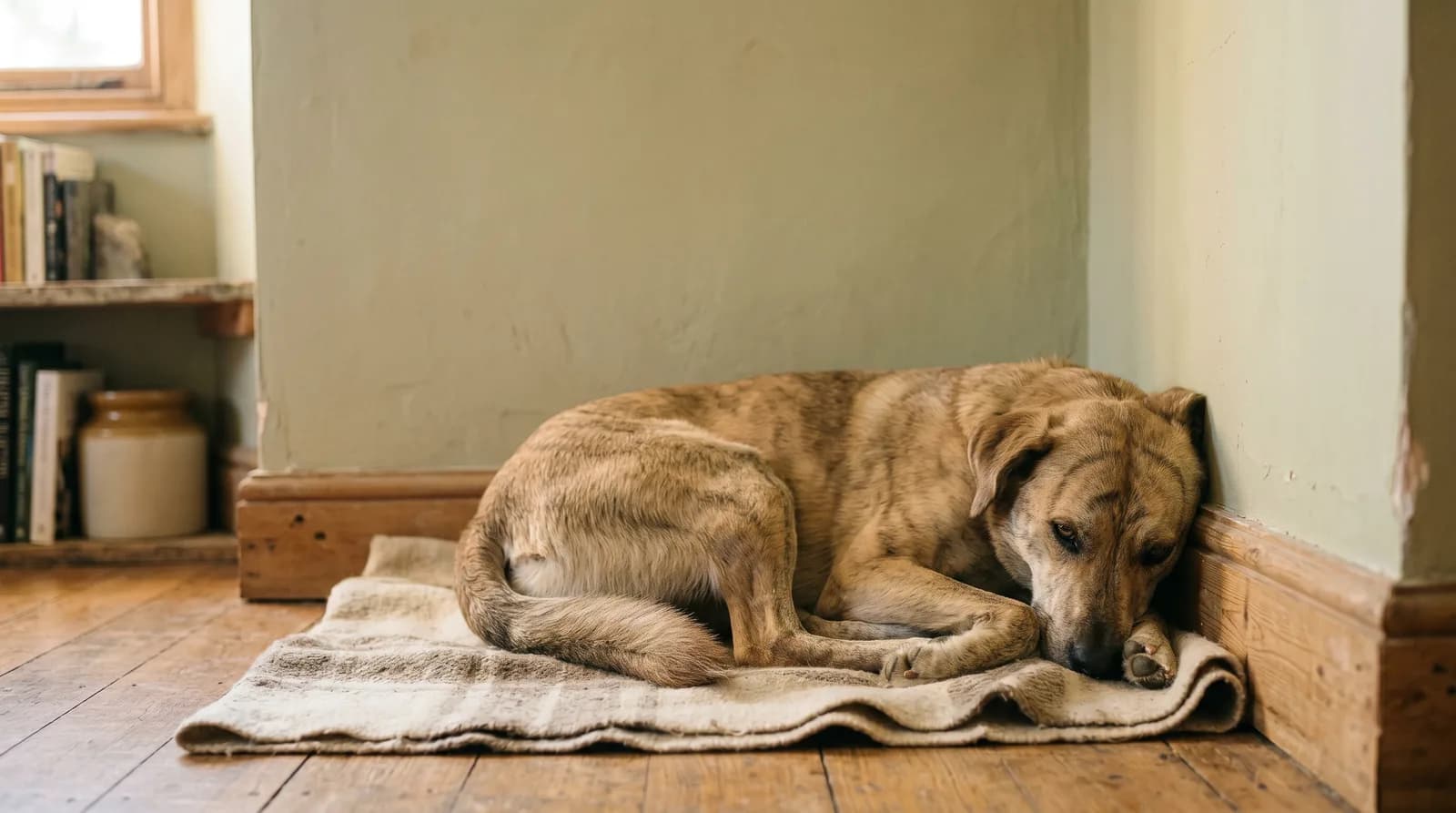 A dog curled tightly in a corner, withdrawn and still rather than relaxed