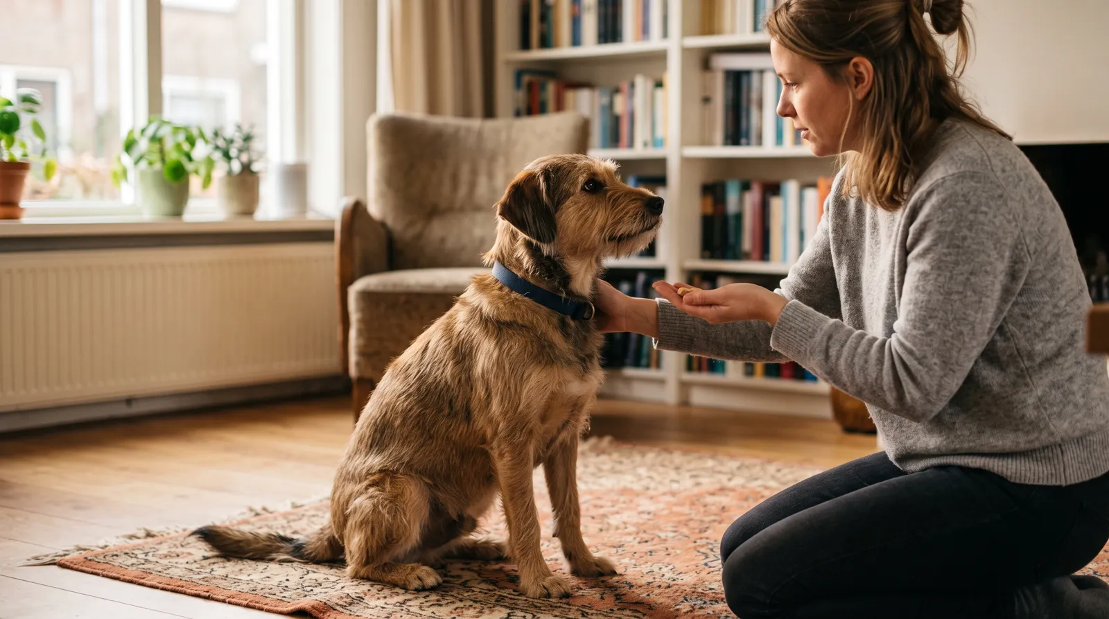 Vrouw beloont haar hond rustig met een snoepje terwijl hij ontspannen naast haar zit in een Nederlandse woonkamer