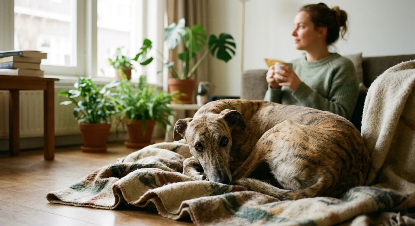 Slanke asielhond ligt opgekruld op een deken in een rustige woonkamer, terwijl het baasje op afstand op de bank thee drinkt