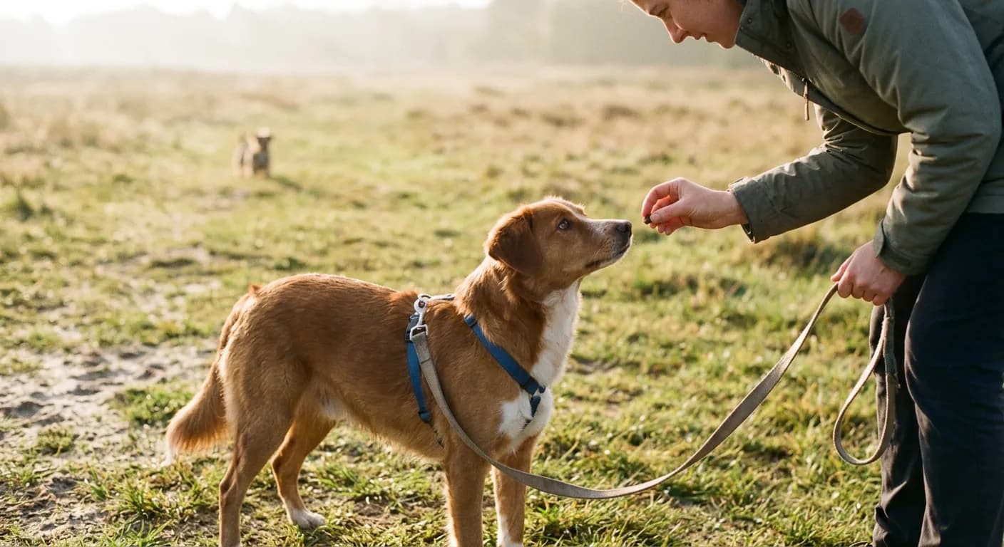 Hond aan een losse lijn krijgt een beloning van het baasje in een grasveld, met een andere hond ver weg op de achtergrond
