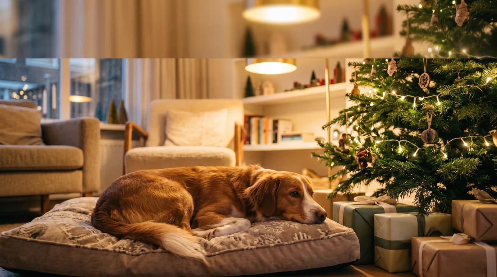 Hond ligt rustig op een kussen bij de kerstboom terwijl er op de achtergrond zacht kaarslicht brandt