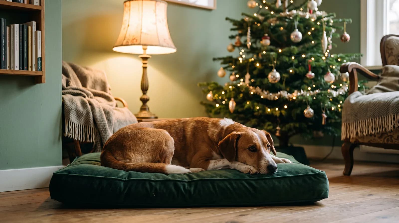 Hond ligt rustig op een kussen in een hoek van de woonkamer terwijl de kerstboom op de achtergrond staat