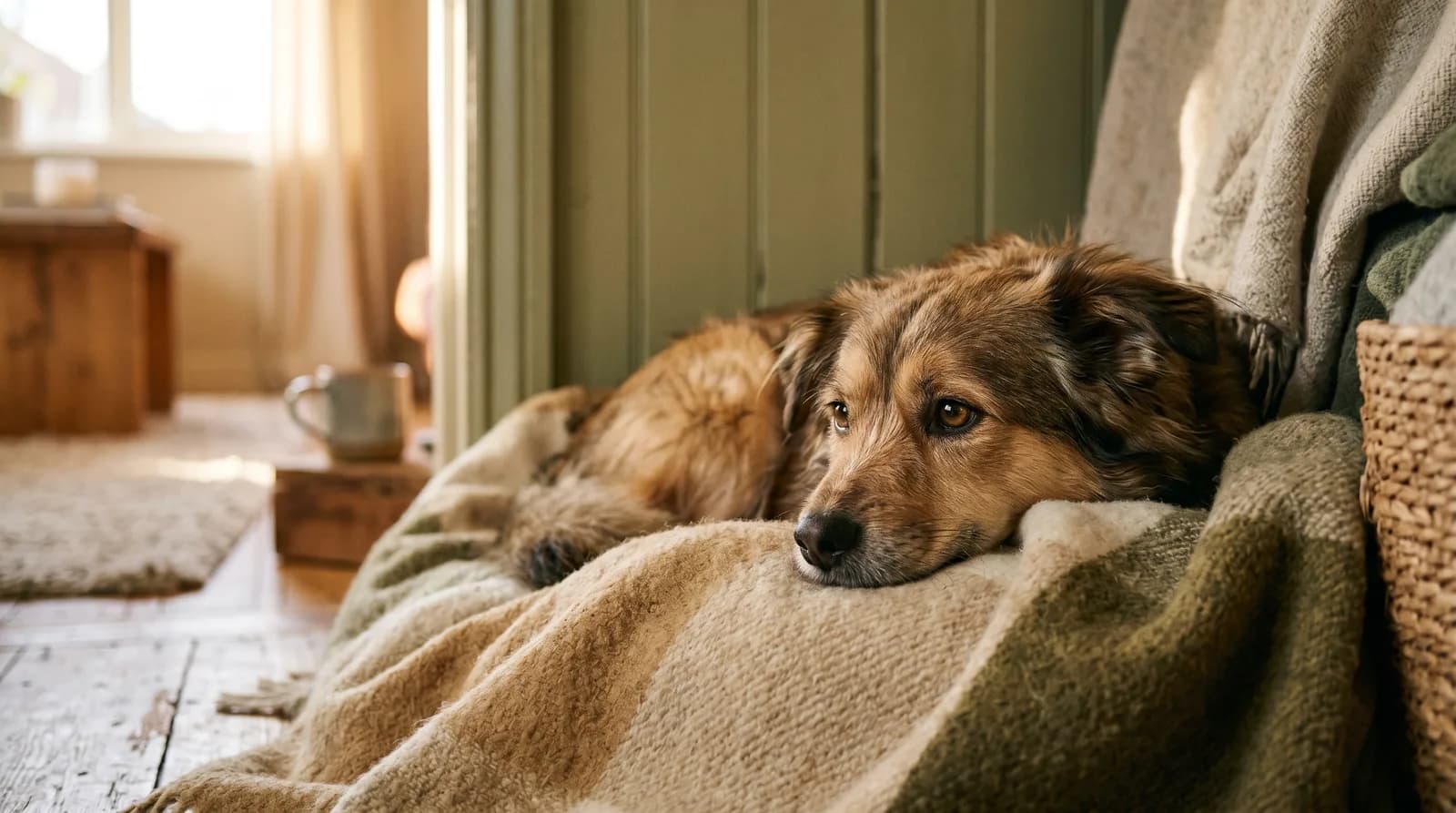 A shy rescue dog resting on a blanket in a new home, beginning to settle