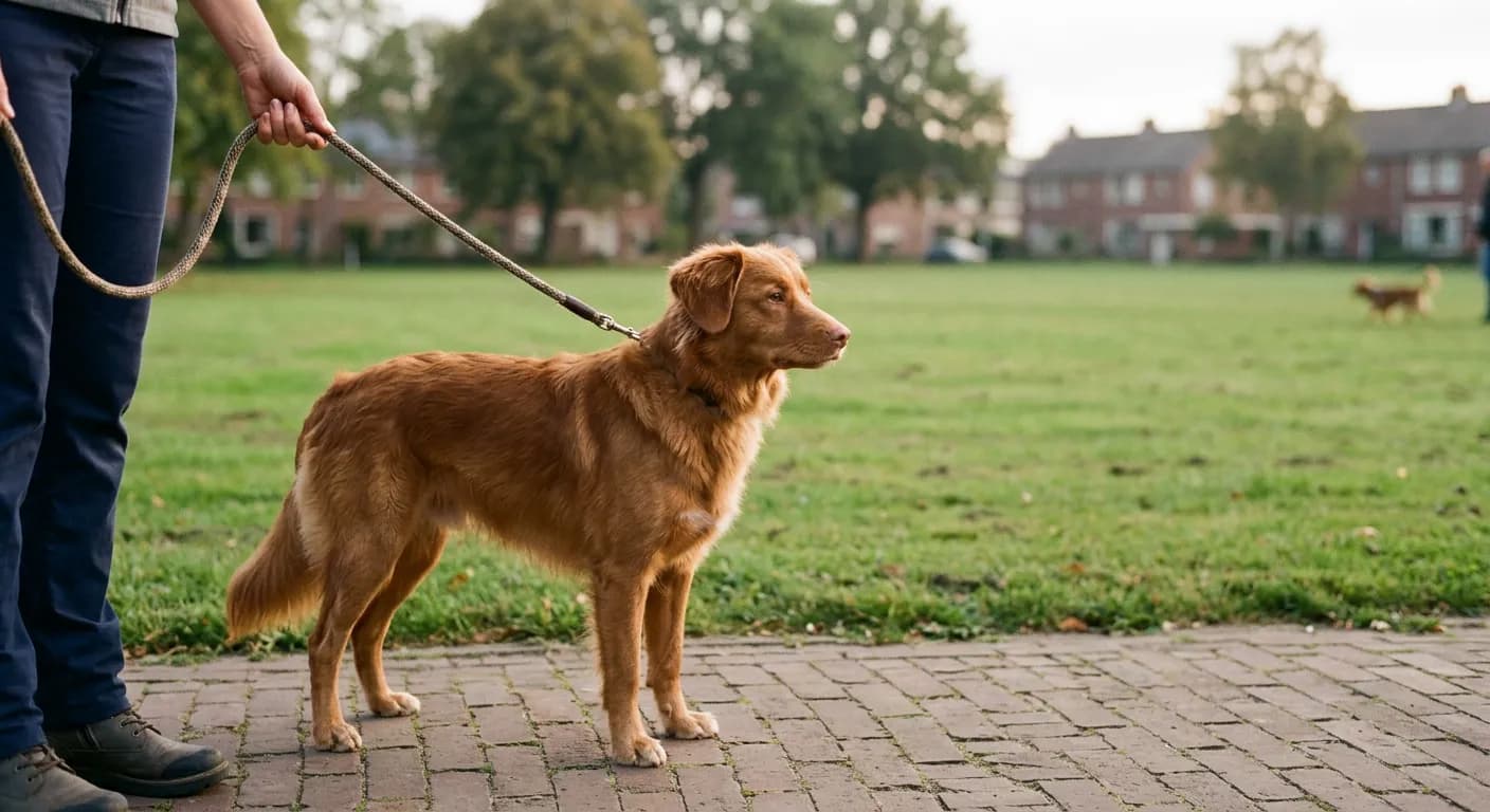 Hond staat stil aan een losse lijn op de stoep en kijkt naar een andere hond aan de overkant van een groot grasveld