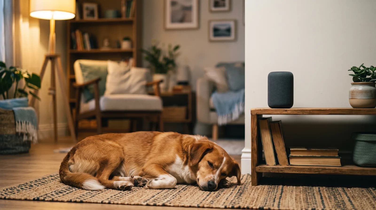 Hond slaapt ontspannen op het kleed terwijl een speaker op zacht volume geluiden afspeelt