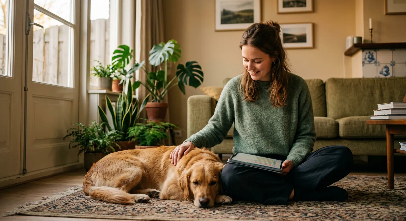 Baasje zit op de grond met een tablet en aait haar ontspannen hond die naast haar op het kleed ligt