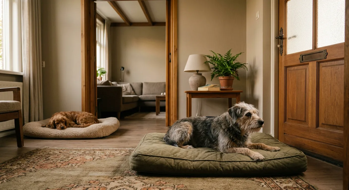Twee honden in een woonkamer bij de voordeur, elk op een eigen mand, de oudere hond kijkt wat onzeker naar de deur