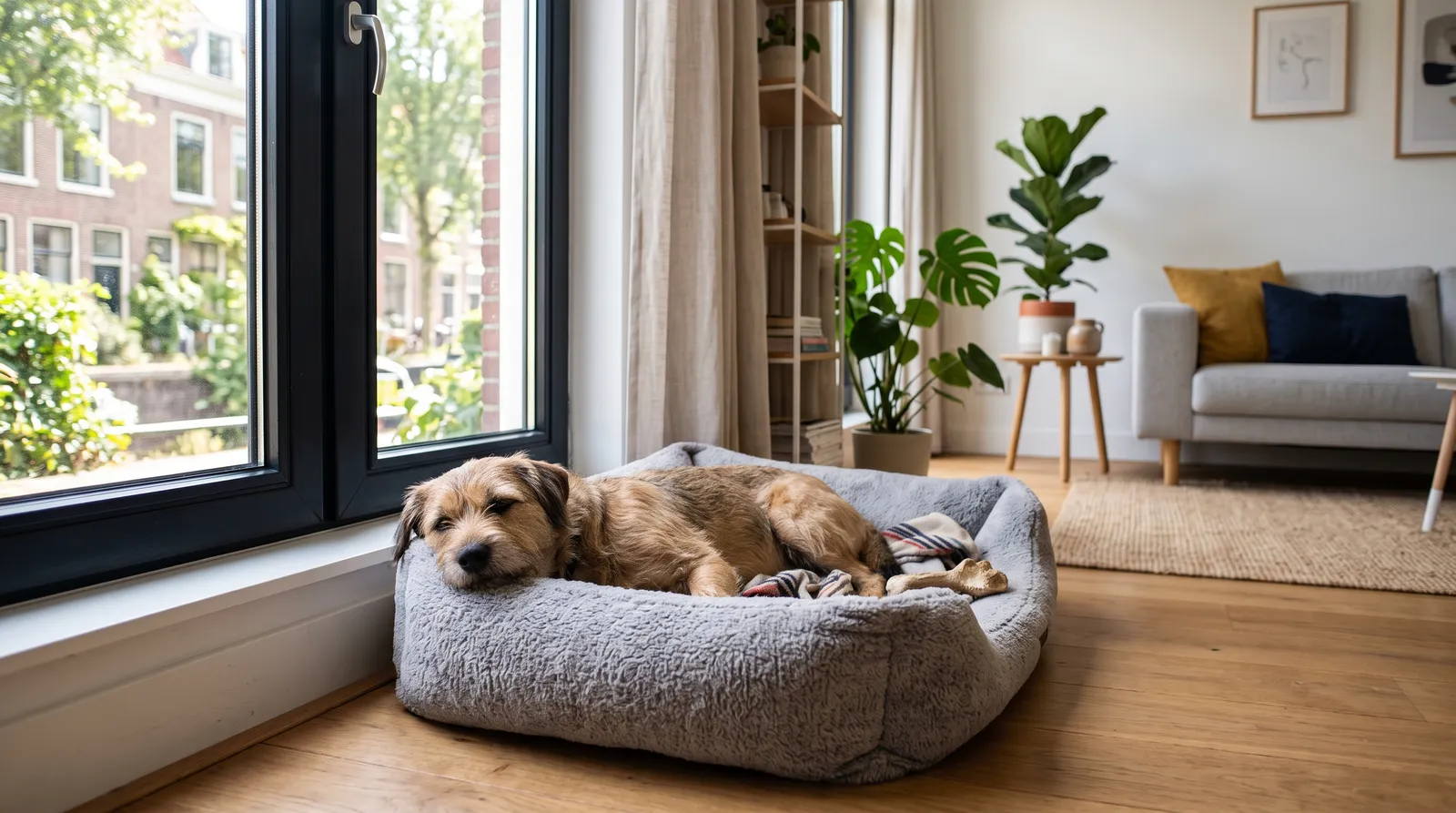 Rustige hond ligt ontspannen in zijn mand bij het raam in een lichte Nederlandse woonkamer, niemand anders in beeld