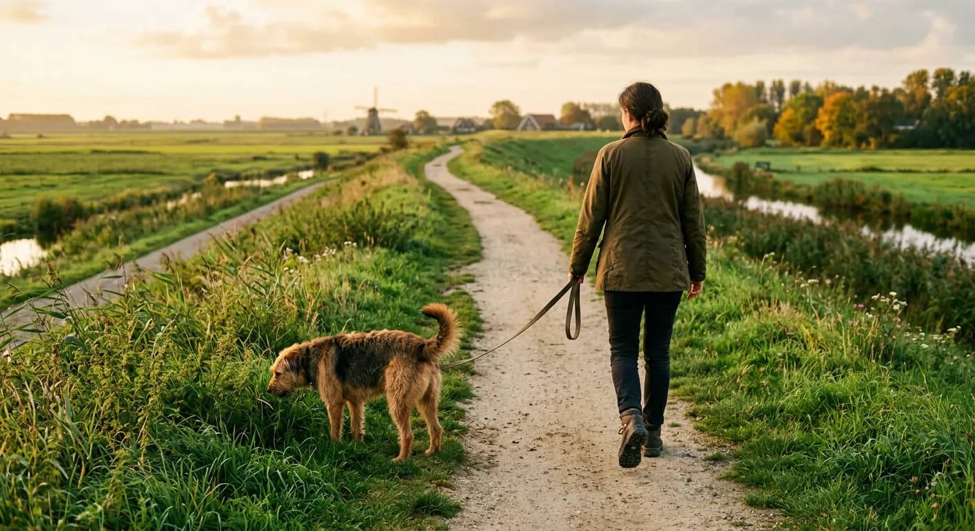 Baasje en hond lopen aan een losse lijn over een lang dijkpad door de polder in het ochtendlicht