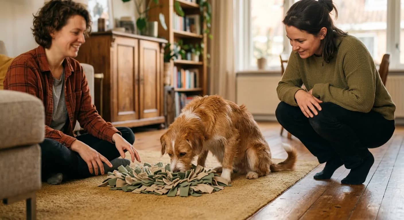 Hondentrainer en baasje zitten in de woonkamer bij een hond die rustig op een snuffelmat zoekt