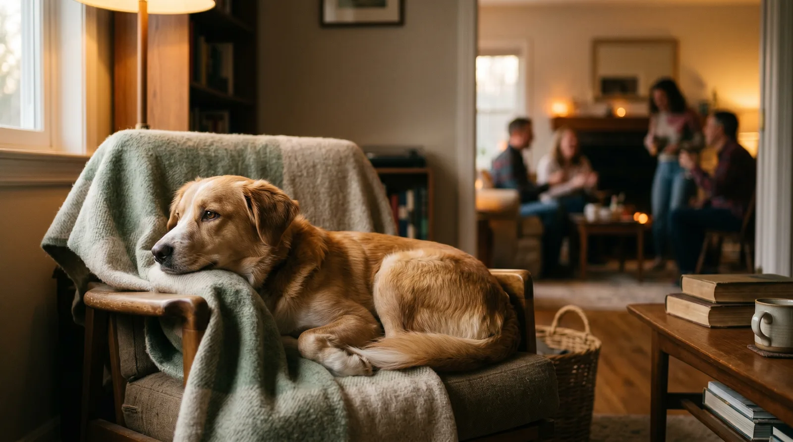 A calm dog resting on a chair away from a softly blurred family gathering