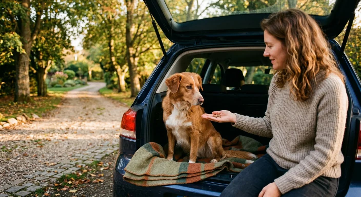 Hond zit rustig op een deken in de open kofferbak van een geparkeerde auto en krijgt een snoepje van het baasje