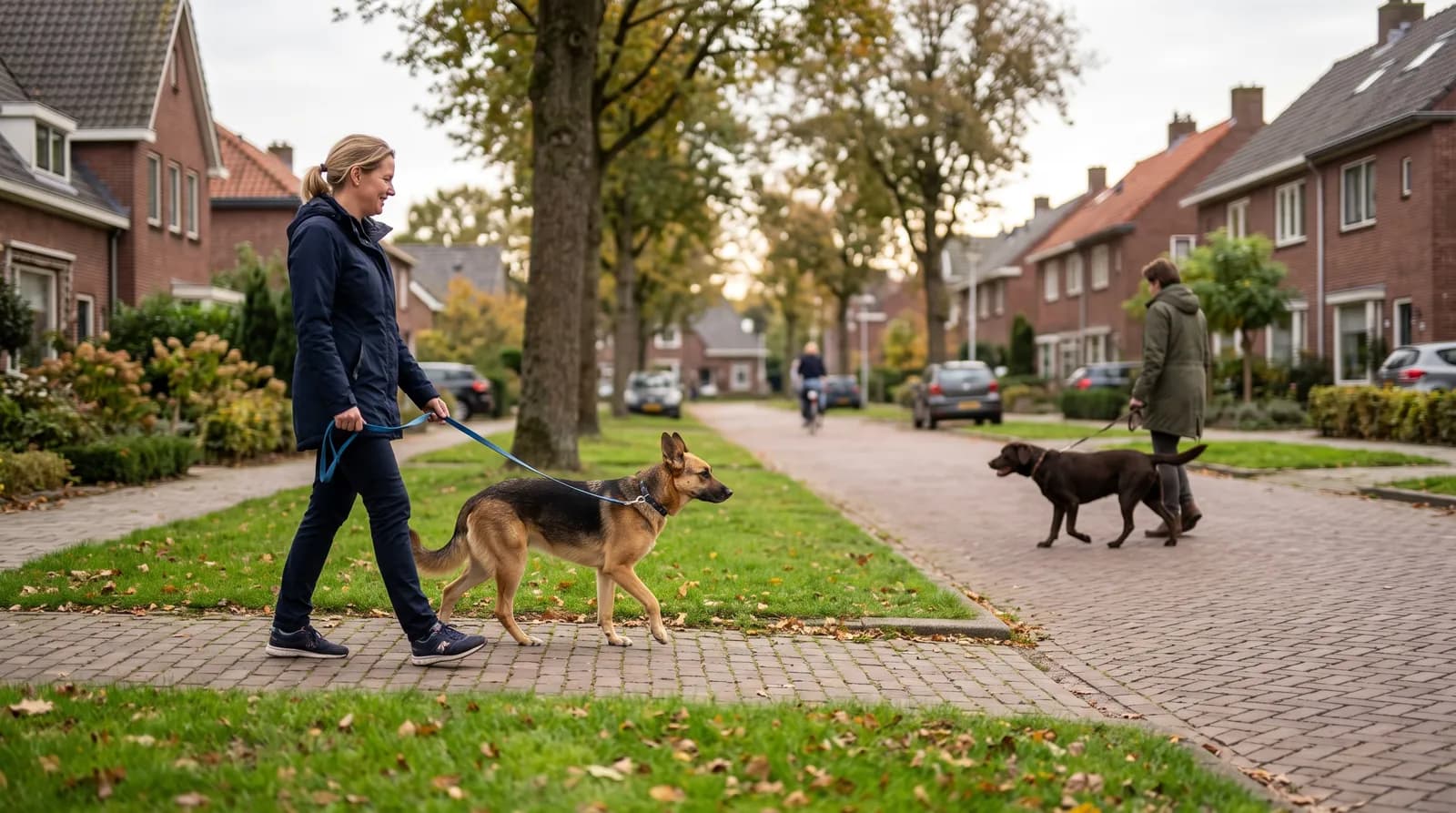 Vrouw loopt met haar hond aan een losse lijn op ruime afstand van een andere hond met baasje op een rustige Nederlandse woonstraat