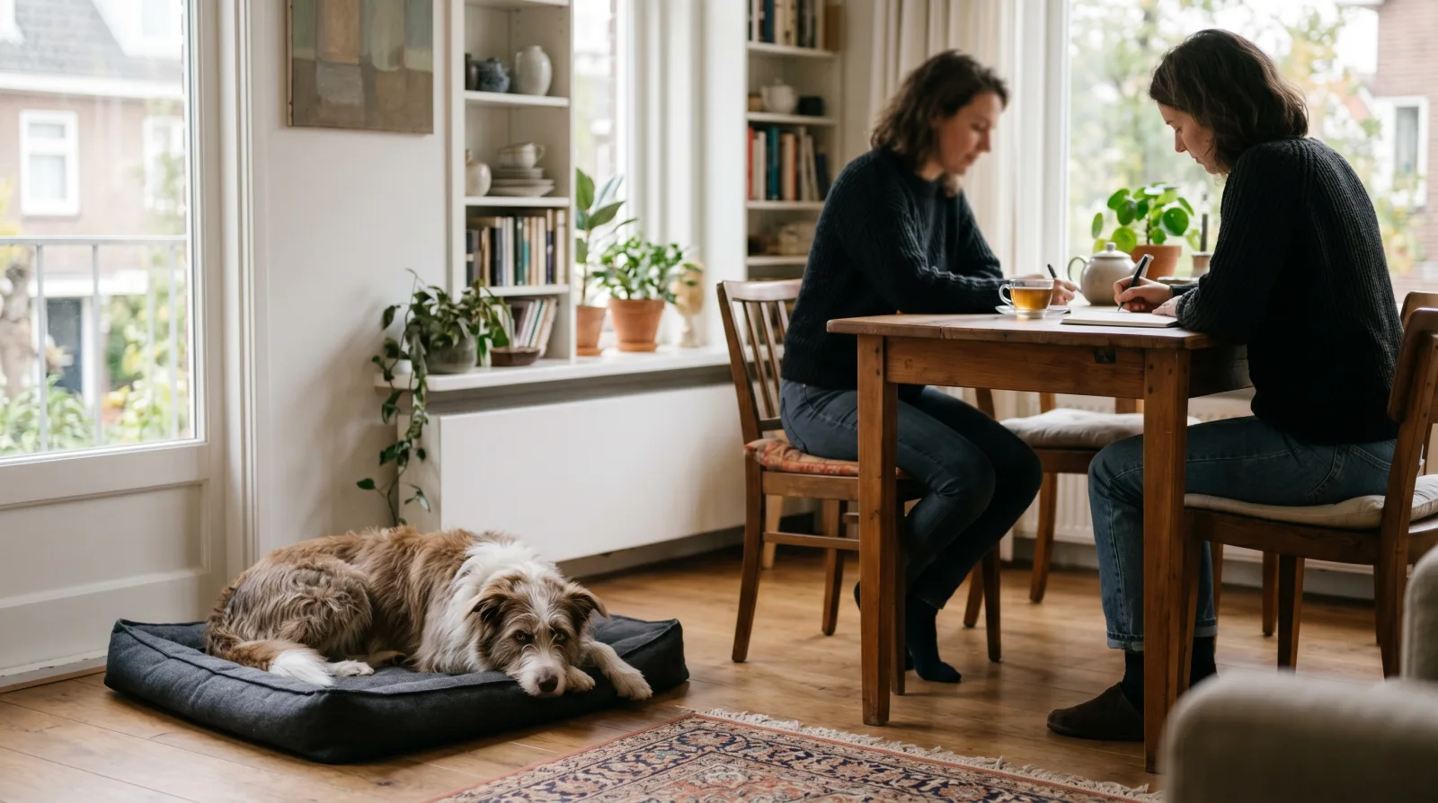 Hond ligt op een matje in een rustige hoek terwijl bezoek aan tafel zit, ontspannen sfeer in een Nederlandse woonkamer
