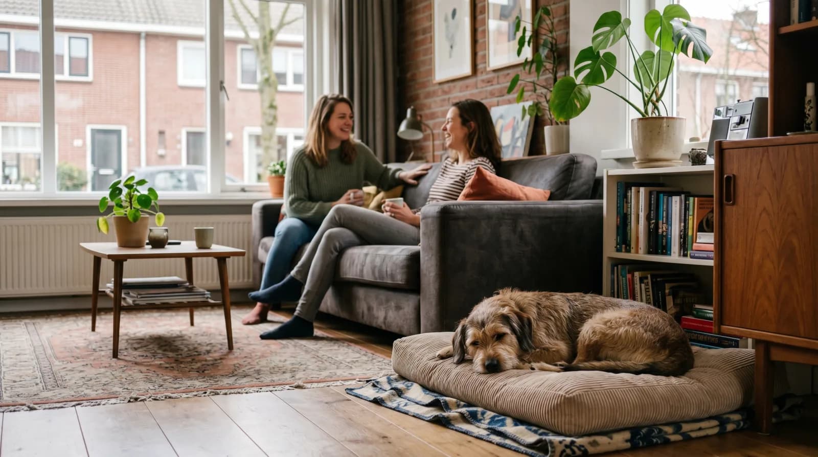 Hond ligt rustig op een matje in de hoek van de woonkamer terwijl er bezoek op de bank zit