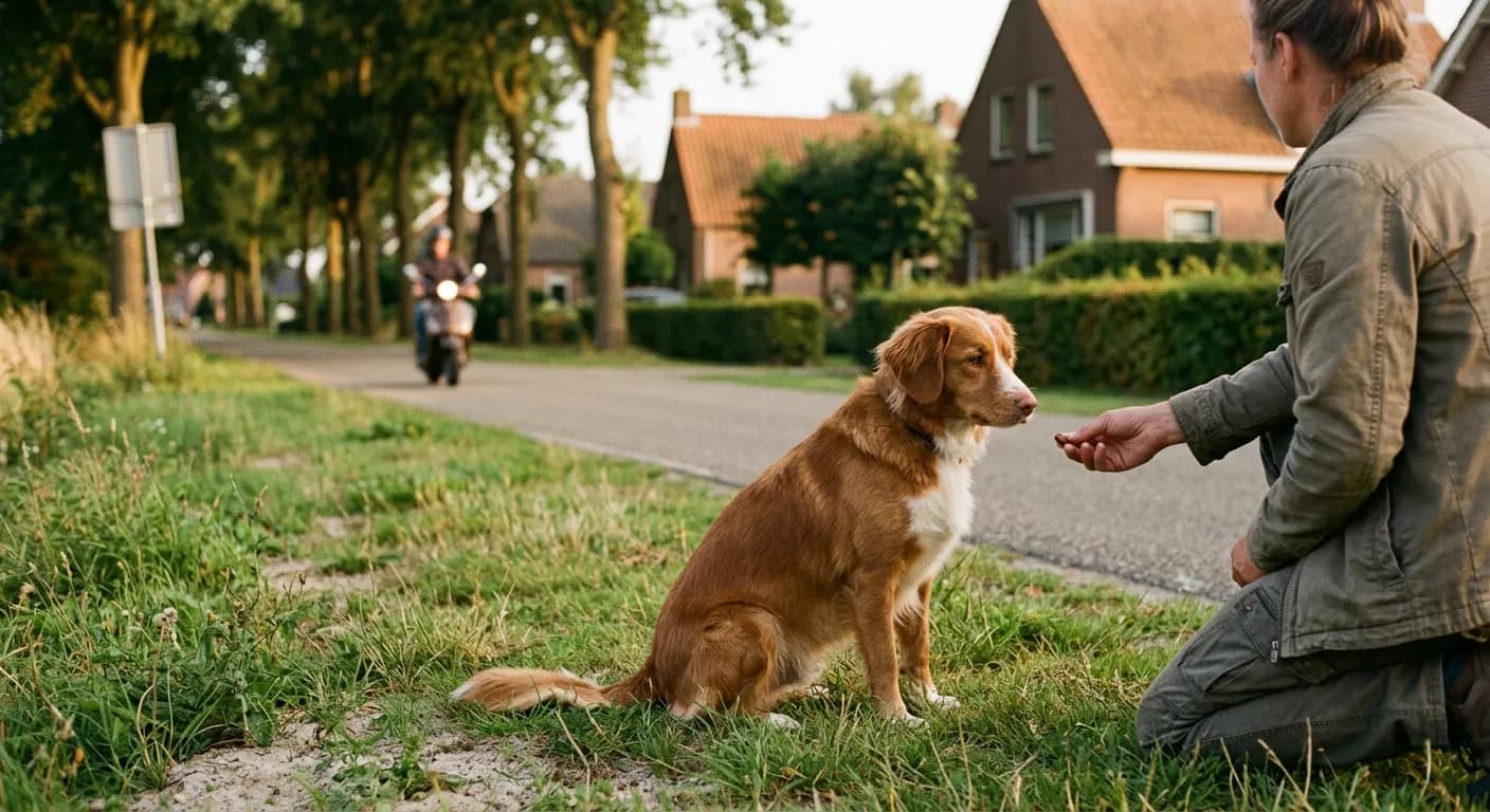 Hond zit ontspannen in de berm en krijgt een beloning terwijl verderop een scooter voorbijrijdt in een Nederlandse straat