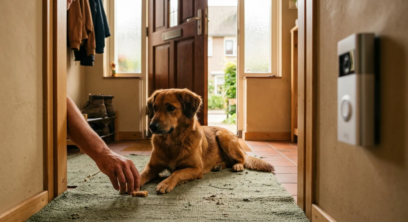 Hond ligt rustig op een mat in de hal bij de voordeur en krijgt een snoepje, met de deurbel naast de deur
