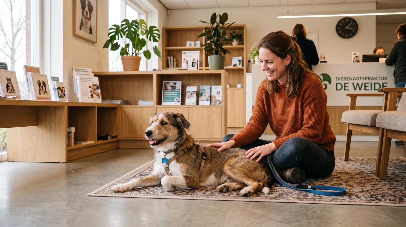Hond ligt ontspannen op de grond in de wachtkamer van een dierenartspraktijk terwijl het baasje er gehurkt naast zit