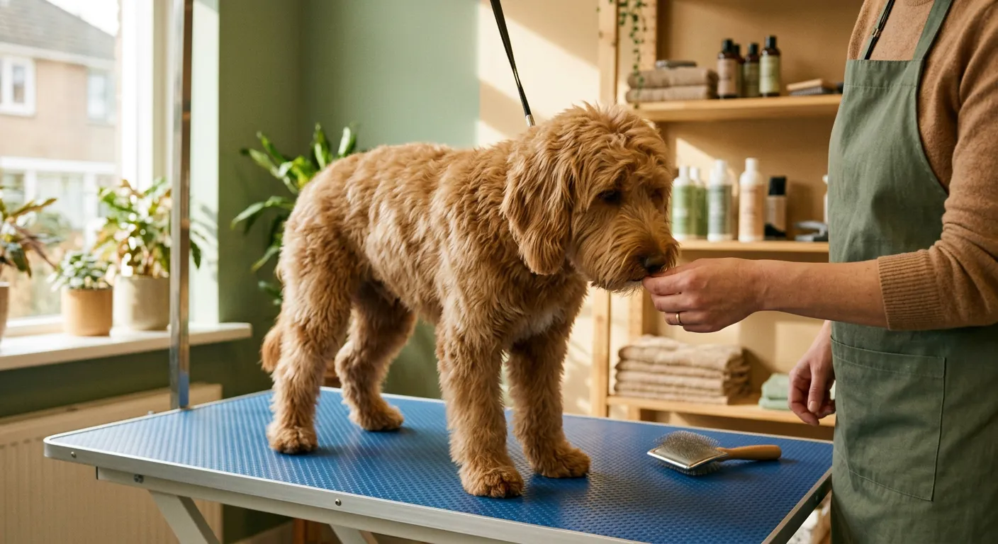 Krullige hond staat op een trimtafel in een rustige trimsalon en snuffelt aan een snoepje uit de hand van de trimster